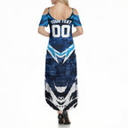 Personalised Geelong Cat Football Summer Maxi Dress Electric Blue Mascot Charging Cityscape