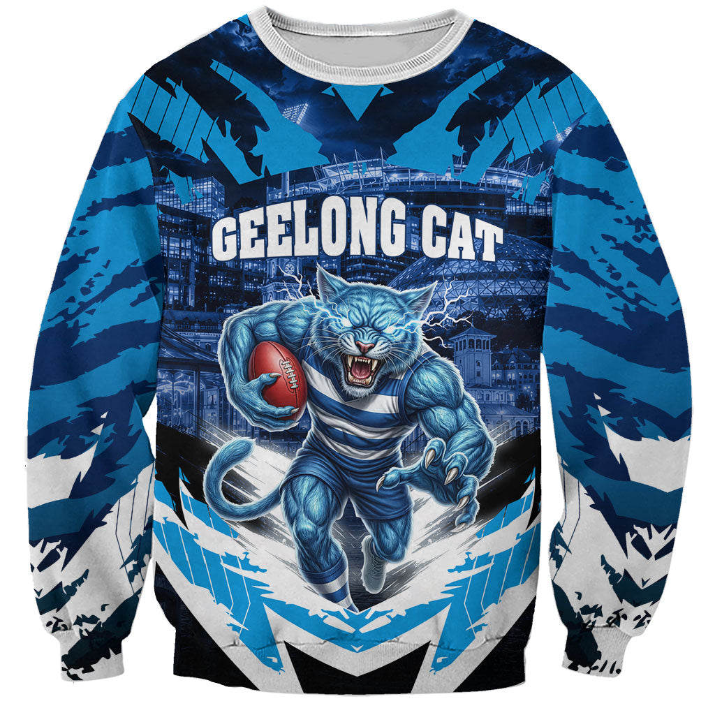 Personalised Geelong Cat Football Sweatshirt Electric Blue Mascot Charging Cityscape