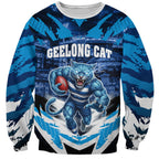 Personalised Geelong Cat Football Sweatshirt Electric Blue Mascot Charging Cityscape