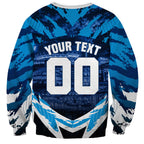 Personalised Geelong Cat Football Sweatshirt Electric Blue Mascot Charging Cityscape