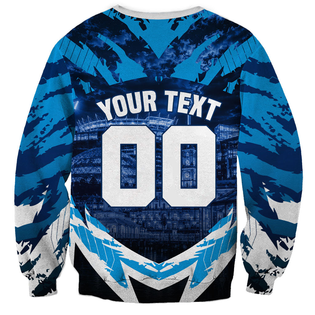 Personalised Geelong Cat Football Sweatshirt Electric Blue Mascot Charging Cityscape
