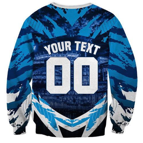 Personalised Geelong Cat Football Sweatshirt Electric Blue Mascot Charging Cityscape