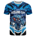 Personalised Geelong Cat Football T Shirt Electric Blue Mascot Charging Cityscape