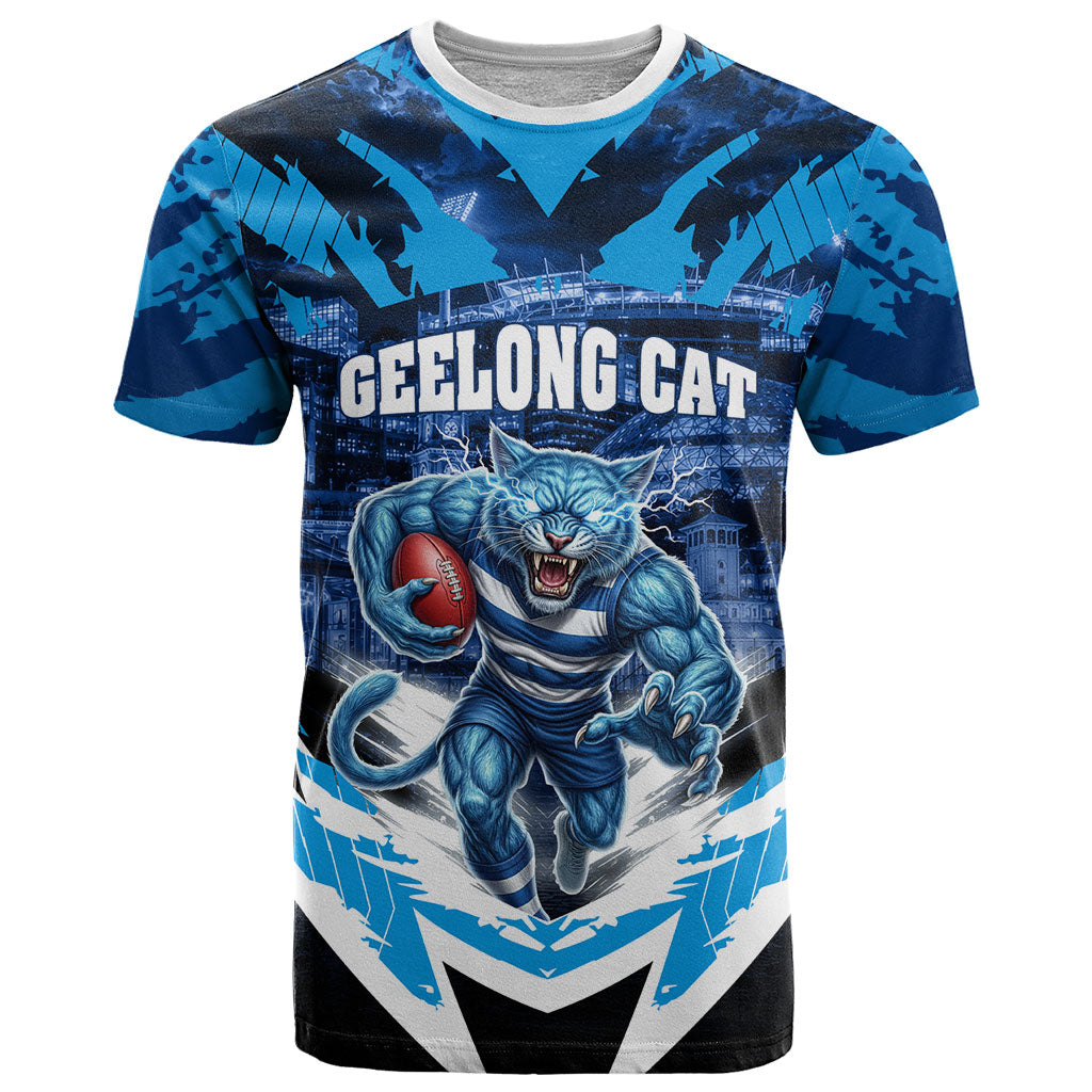 Personalised Geelong Cat Football T Shirt Electric Blue Mascot Charging Cityscape