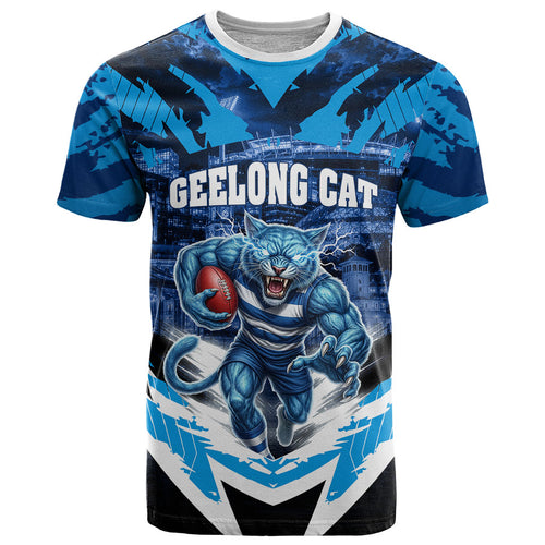 Personalised Geelong Cat Football T Shirt Electric Blue Mascot Charging Cityscape