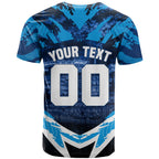Personalised Geelong Cat Football T Shirt Electric Blue Mascot Charging Cityscape