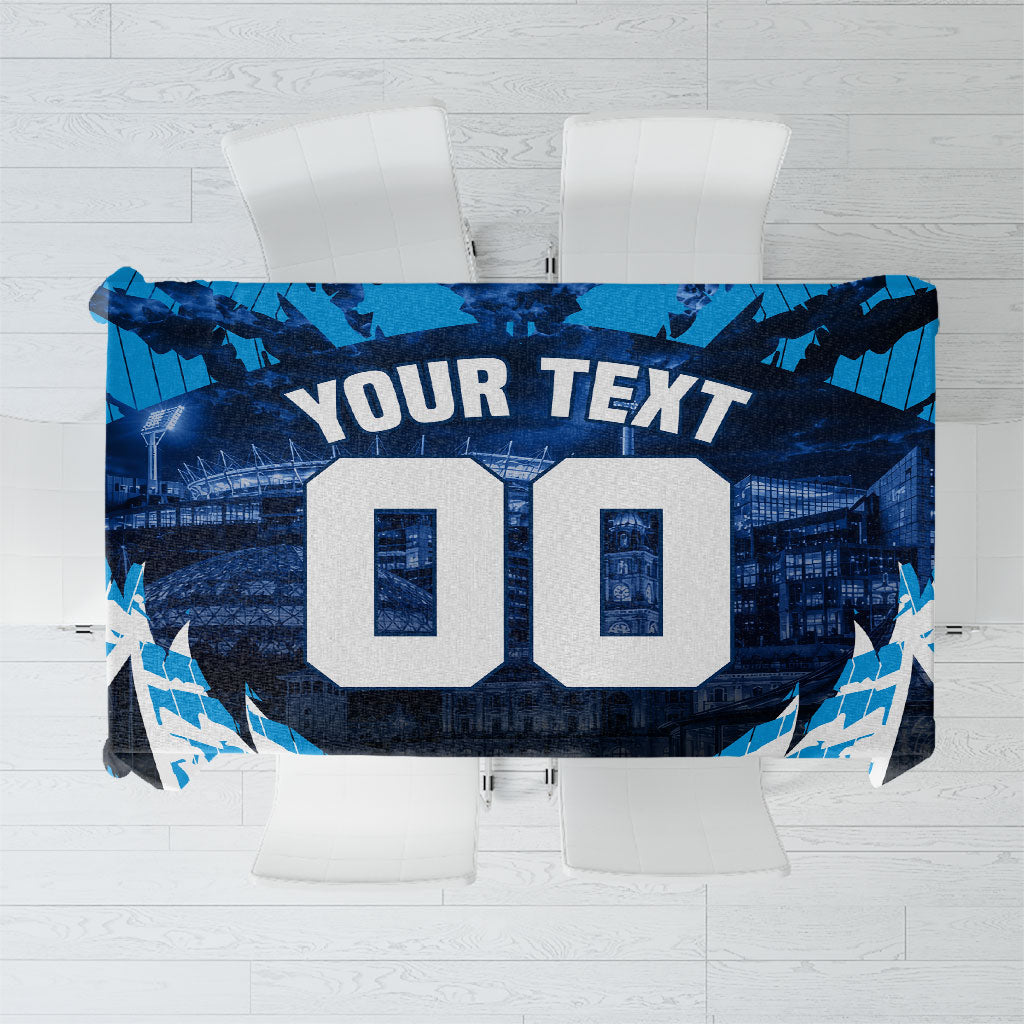 Personalised Geelong Cat Football Tablecloth Electric Blue Mascot Charging Cityscape