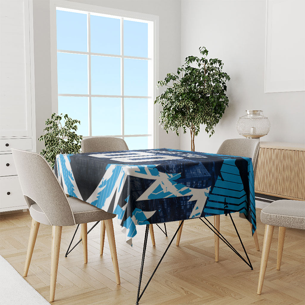 Personalised Geelong Cat Football Tablecloth Electric Blue Mascot Charging Cityscape