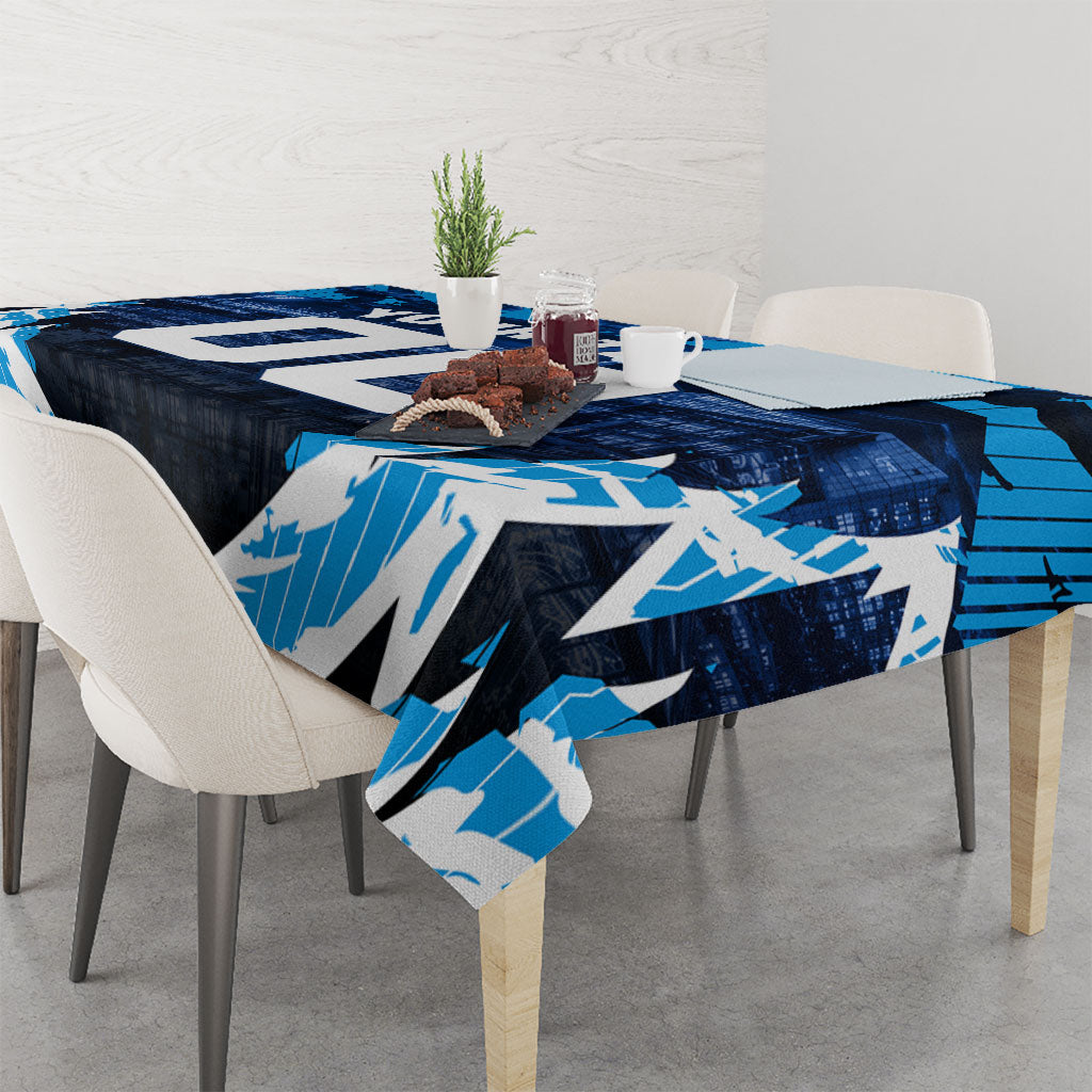 Personalised Geelong Cat Football Tablecloth Electric Blue Mascot Charging Cityscape
