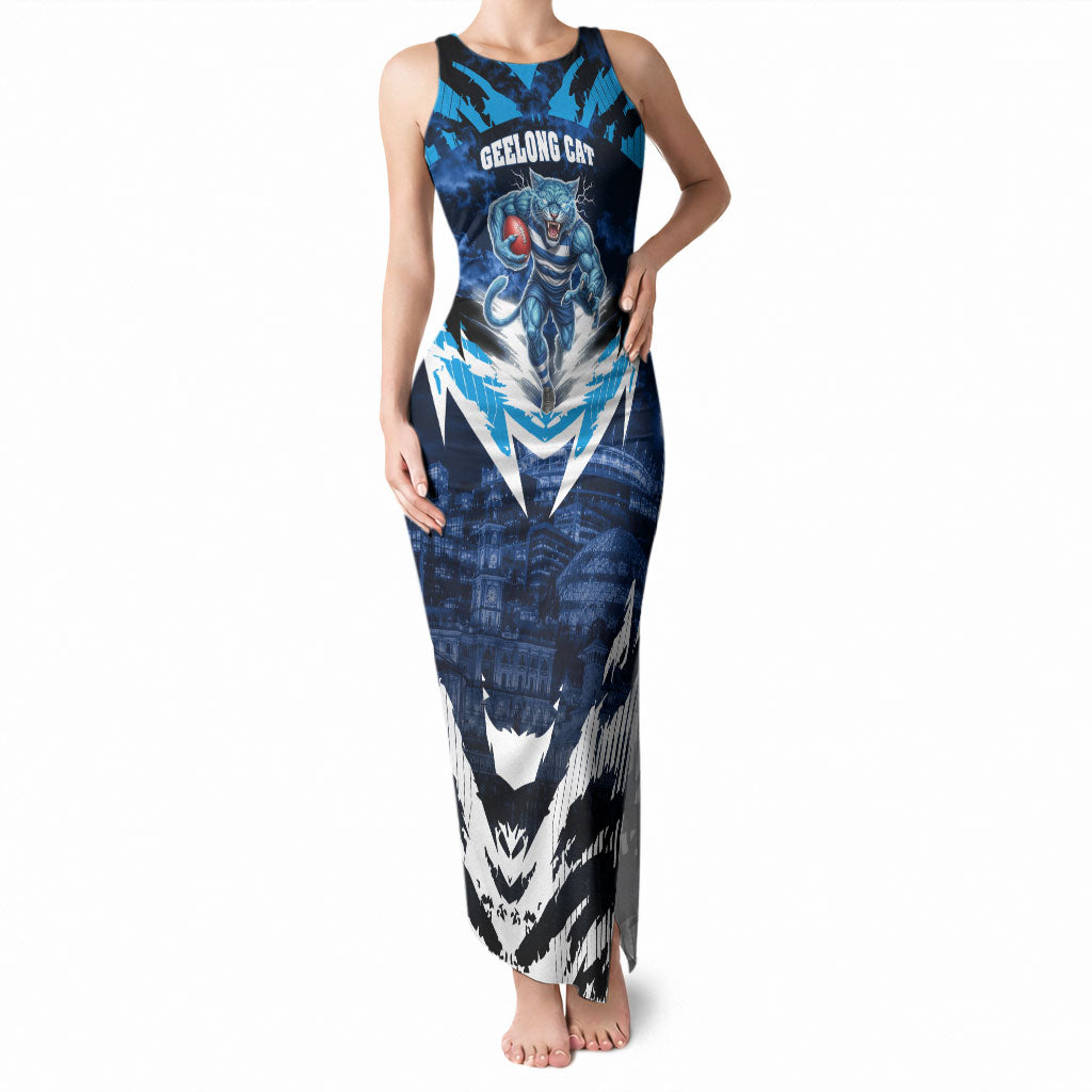 Personalised Geelong Cat Football Tank Maxi Dress Electric Blue Mascot Charging Cityscape
