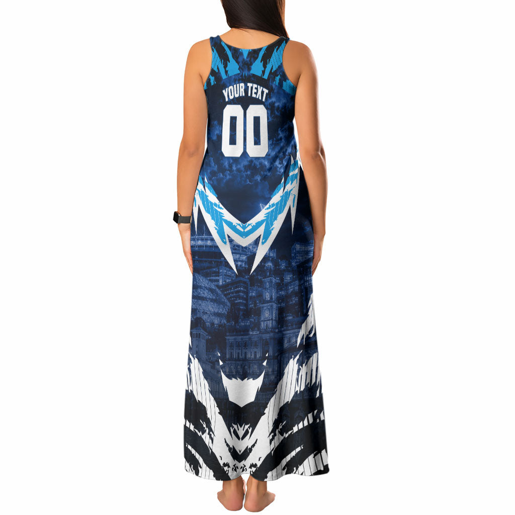 Personalised Geelong Cat Football Tank Maxi Dress Electric Blue Mascot Charging Cityscape