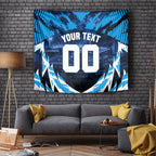 Personalised Geelong Cat Football Tapestry Electric Blue Mascot Charging Cityscape