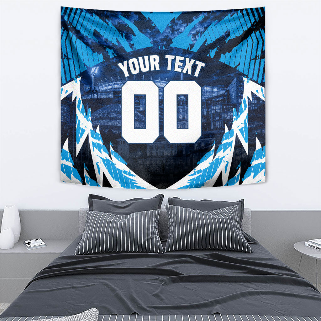 Personalised Geelong Cat Football Tapestry Electric Blue Mascot Charging Cityscape