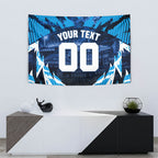 Personalised Geelong Cat Football Tapestry Electric Blue Mascot Charging Cityscape