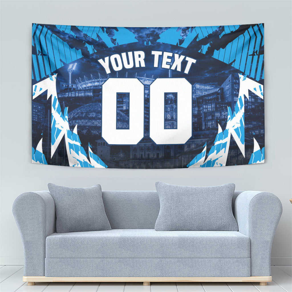 Personalised Geelong Cat Football Tapestry Electric Blue Mascot Charging Cityscape