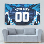 Personalised Geelong Cat Football Tapestry Electric Blue Mascot Charging Cityscape