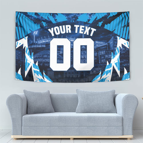 Personalised Geelong Cat Football Tapestry Electric Blue Mascot Charging Cityscape
