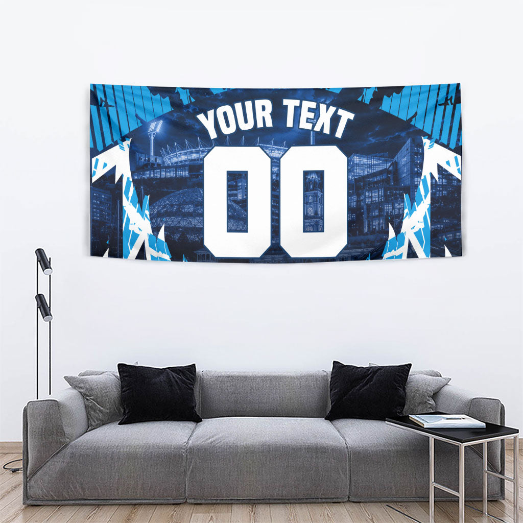 Personalised Geelong Cat Football Tapestry Electric Blue Mascot Charging Cityscape