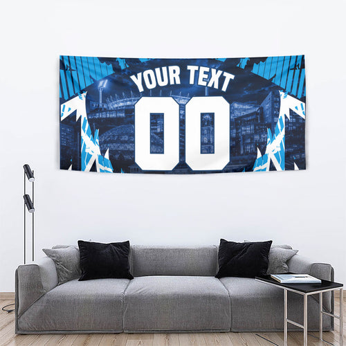 Personalised Geelong Cat Football Tapestry Electric Blue Mascot Charging Cityscape