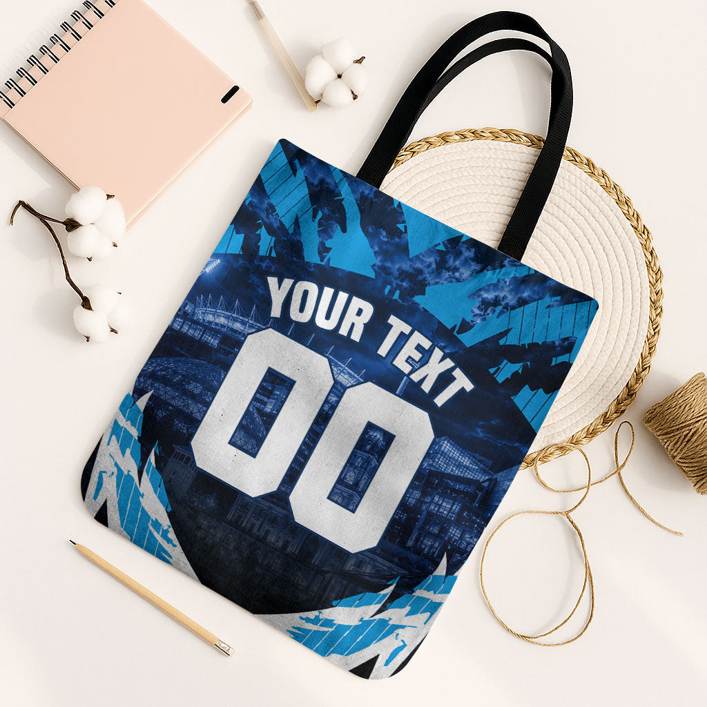 Personalised Geelong Cat Football Tote Bag Electric Blue Mascot Charging Cityscape