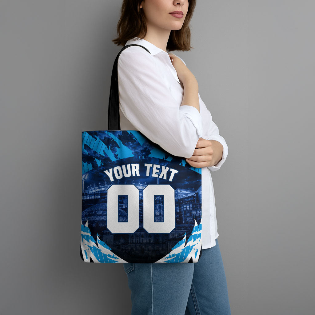 Personalised Geelong Cat Football Tote Bag Electric Blue Mascot Charging Cityscape