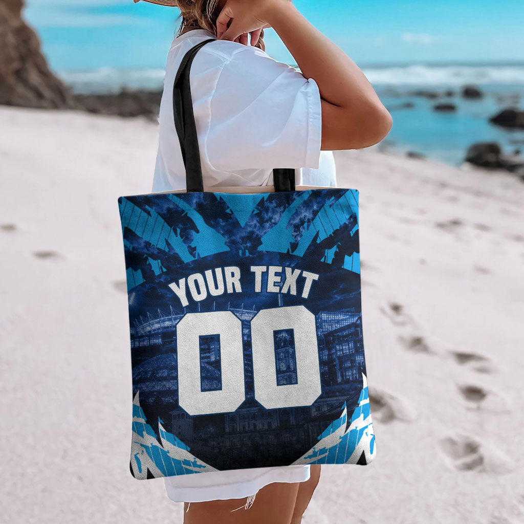 Personalised Geelong Cat Football Tote Bag Electric Blue Mascot Charging Cityscape