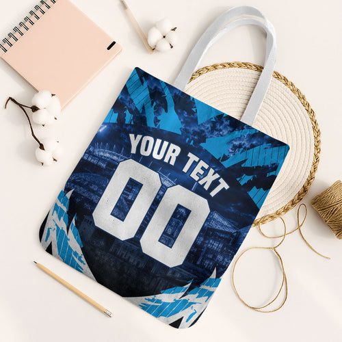 Personalised Geelong Cat Football Tote Bag Electric Blue Mascot Charging Cityscape