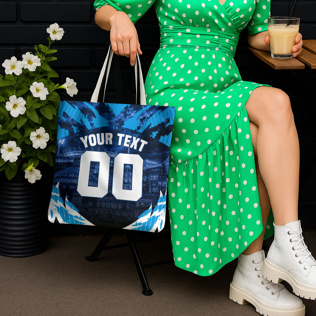Personalised Geelong Cat Football Tote Bag Electric Blue Mascot Charging Cityscape