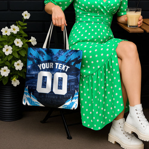 Personalised Geelong Cat Football Tote Bag Electric Blue Mascot Charging Cityscape