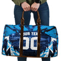 Personalised Geelong Cat Football Travel Bag Electric Blue Mascot Charging Cityscape