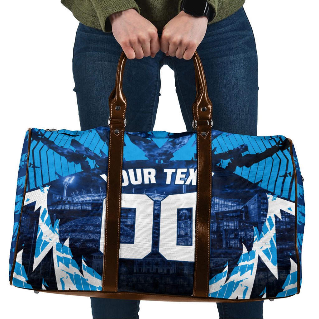 Personalised Geelong Cat Football Travel Bag Electric Blue Mascot Charging Cityscape