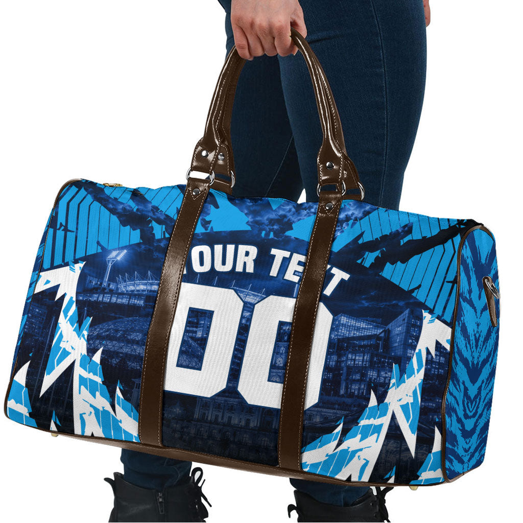 Personalised Geelong Cat Football Travel Bag Electric Blue Mascot Charging Cityscape
