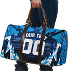 Personalised Geelong Cat Football Travel Bag Electric Blue Mascot Charging Cityscape