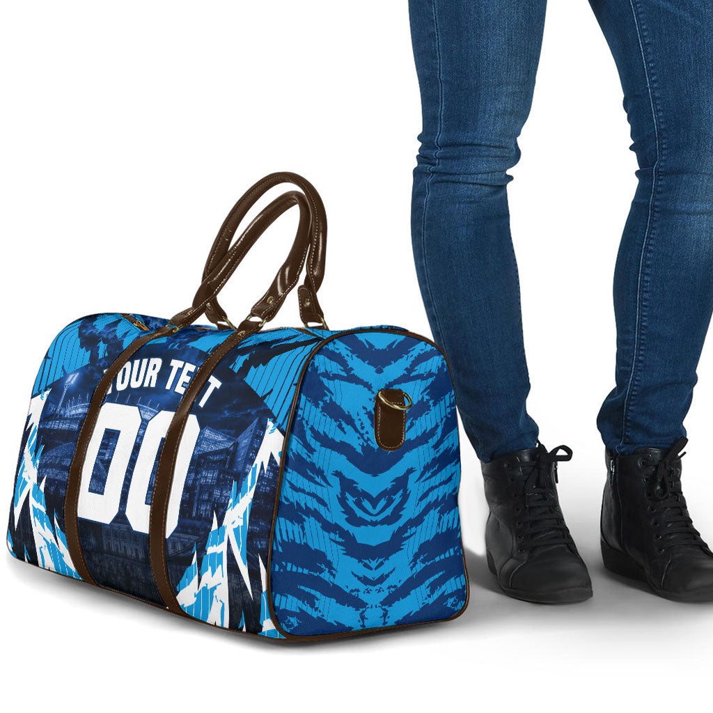 Personalised Geelong Cat Football Travel Bag Electric Blue Mascot Charging Cityscape