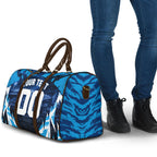 Personalised Geelong Cat Football Travel Bag Electric Blue Mascot Charging Cityscape