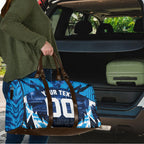 Personalised Geelong Cat Football Travel Bag Electric Blue Mascot Charging Cityscape