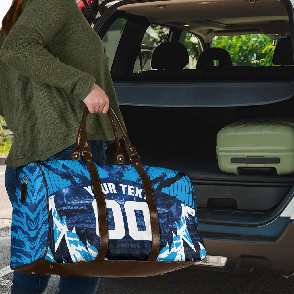 Personalised Geelong Cat Football Travel Bag Electric Blue Mascot Charging Cityscape