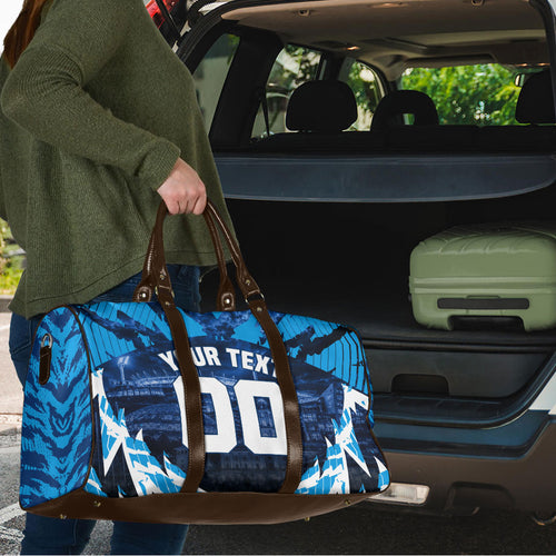 Personalised Geelong Cat Football Travel Bag Electric Blue Mascot Charging Cityscape