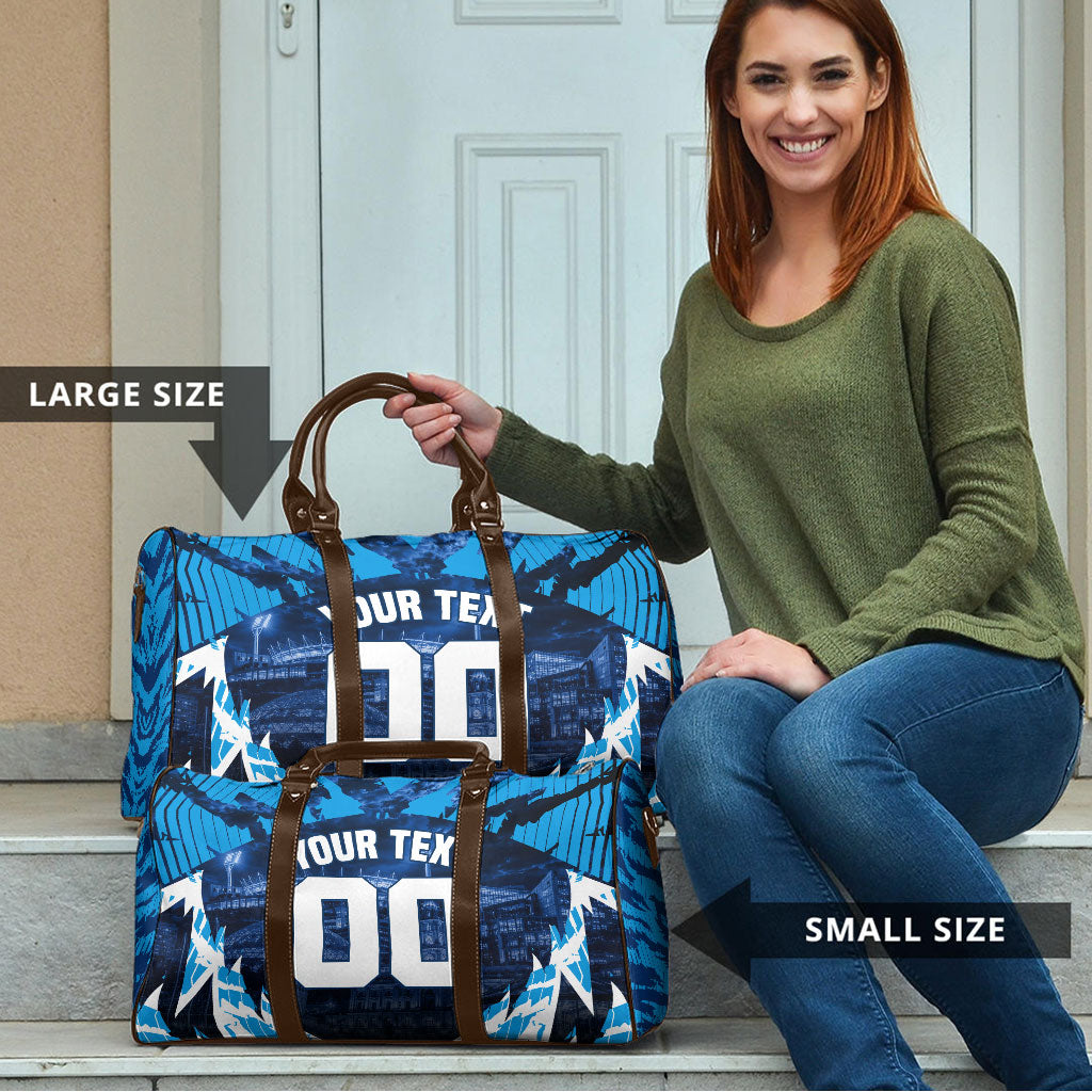 Personalised Geelong Cat Football Travel Bag Electric Blue Mascot Charging Cityscape