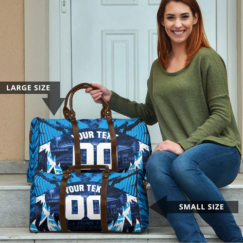 Personalised Geelong Cat Football Travel Bag Electric Blue Mascot Charging Cityscape