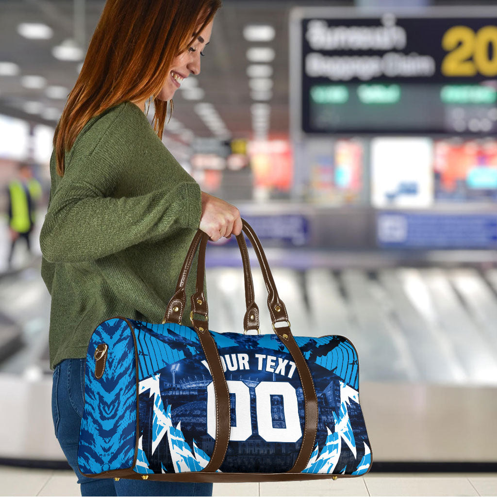 Personalised Geelong Cat Football Travel Bag Electric Blue Mascot Charging Cityscape