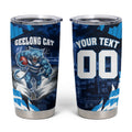 Personalised Geelong Cat Football Tumbler Cup Electric Blue Mascot Charging Cityscape