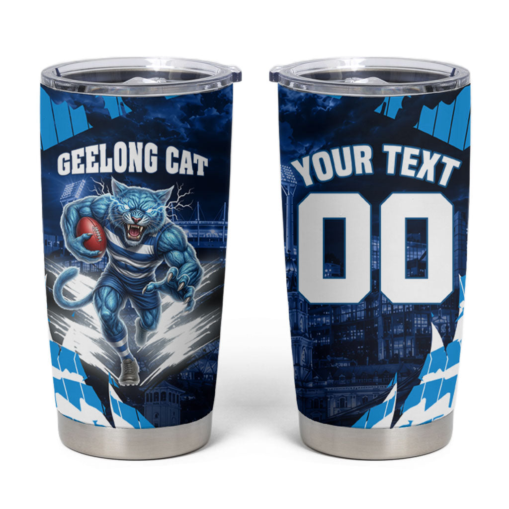 Personalised Geelong Cat Football Tumbler Cup Electric Blue Mascot Charging Cityscape