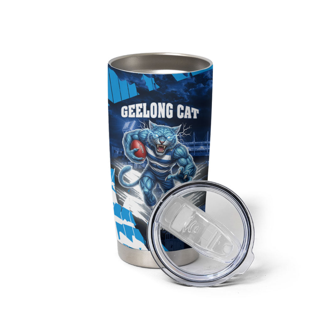 Personalised Geelong Cat Football Tumbler Cup Electric Blue Mascot Charging Cityscape
