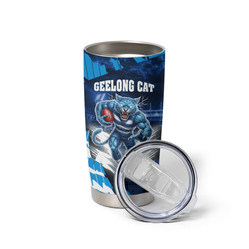 Personalised Geelong Cat Football Tumbler Cup Electric Blue Mascot Charging Cityscape