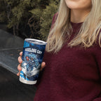 Personalised Geelong Cat Football Tumbler Cup Electric Blue Mascot Charging Cityscape