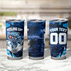 Personalised Geelong Cat Football Tumbler Cup Electric Blue Mascot Charging Cityscape