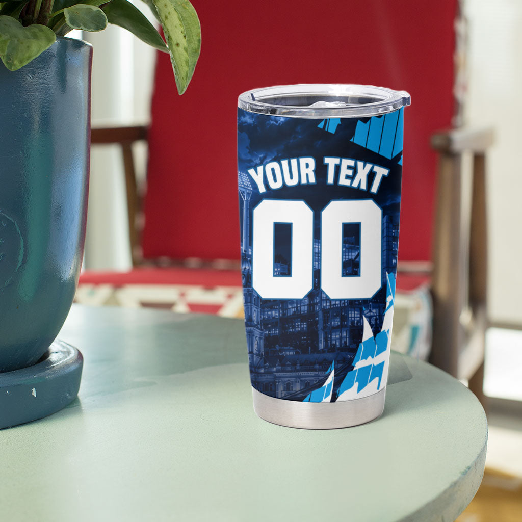 Personalised Geelong Cat Football Tumbler Cup Electric Blue Mascot Charging Cityscape