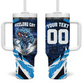 Personalised Geelong Cat Football Tumbler With Handle Electric Blue Mascot Charging Cityscape