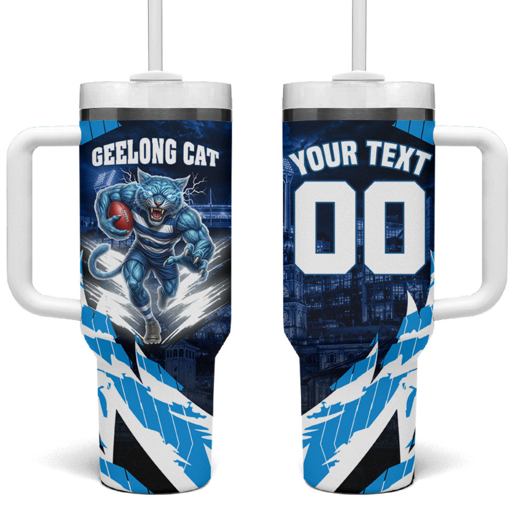 Personalised Geelong Cat Football Tumbler With Handle Electric Blue Mascot Charging Cityscape